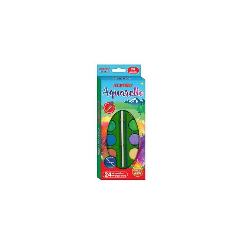 Alpino Confezione da 24 Acquerelli - Diametro 28 mm - Colori Intensi - Include Pennello - Colori Assortiti