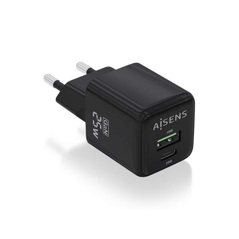 Caricabatterie Aisens Gan 25W - 1xUSB-C PD3.0 QC4.0 - 1xUSB-A QC3.0 - Colore Nero