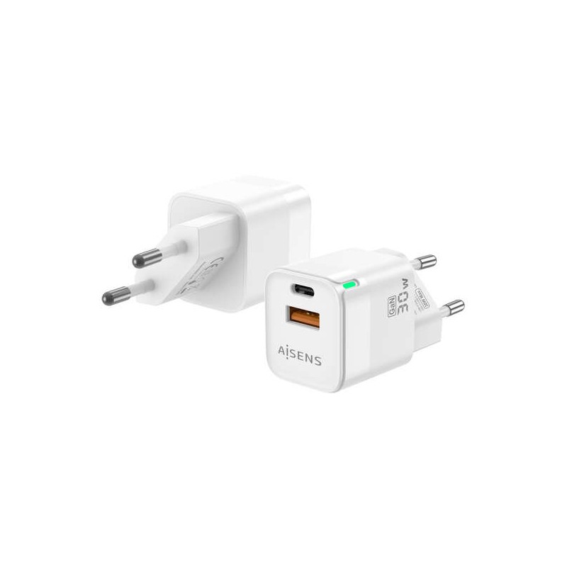 Caricabatterie Aisens GAN 30W - 1xUSB-C PD3.0 QC4.0 - 1xUSB-A QC3.0 - Colore bianco