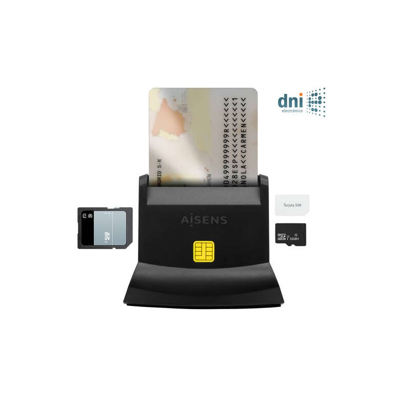 Lettore di smart card Aisens DNI USB-C con SIM. SD. Micro SD. MMC. RS-MMC. lettore di micro card MMC - Nero