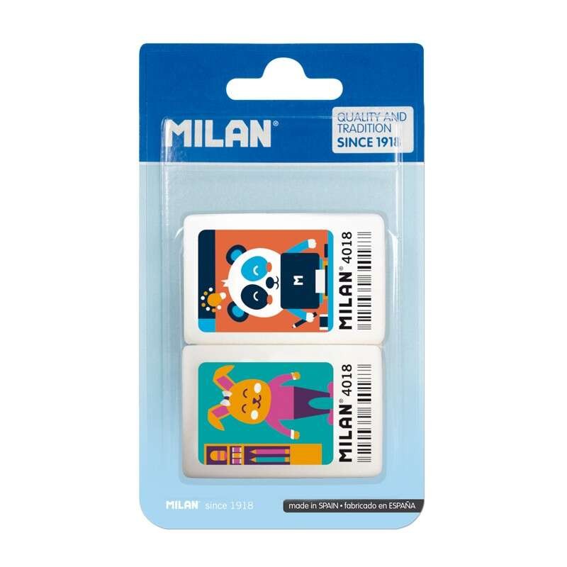 Milan 4018 Confezione da 2 Gomme da Cancellare Rettangolari - Pangrattato - Gomma Sintetica Morbida - Disegni a Colori per Bambi