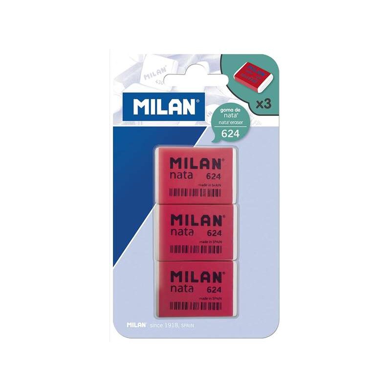 Milan Nata 624 Confezione da 3 Gomme Rettangolari - Plastica - Morbide - Non Abrasive - Colore Rosso/Bianco
