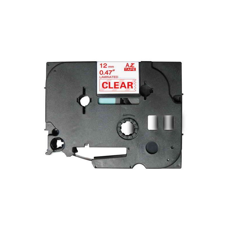 Brother TZe132 Cinta Laminada Generica de Etiquetas - Texto rojo sobre fondo transparente - Ancho 12mm x 8 metros