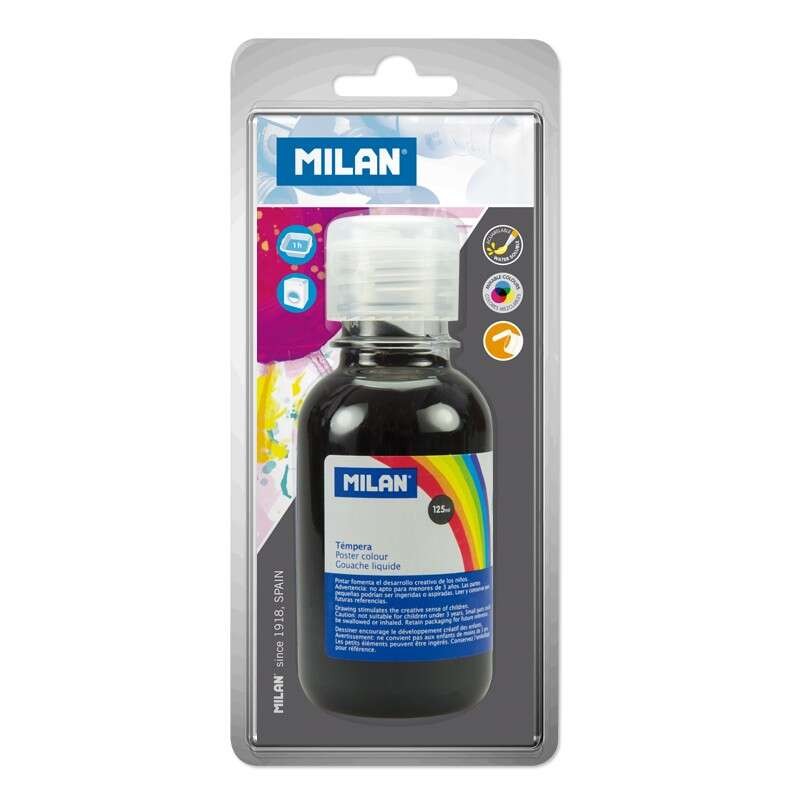 Bottiglia Tempera Milano 125 ml - Tappo Dispenser - Asciugatura Rapida - Miscelabile - Colore Nero