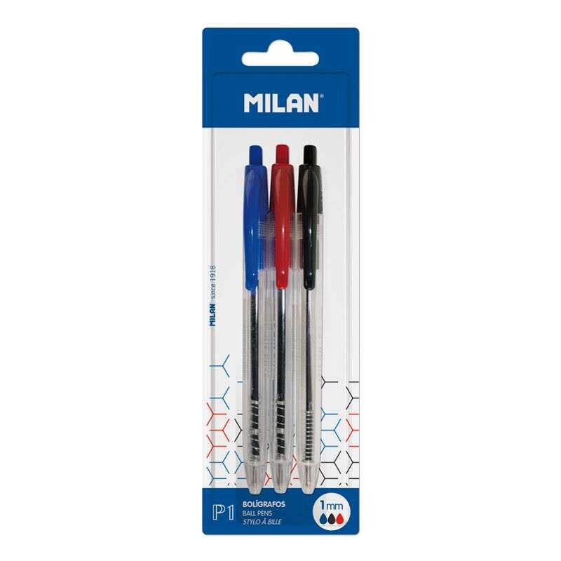Milan P1 Confezione da 3 Penne a Sfera Retrattile - Punta Rotonda da 1 mm - Corpo Trasparente - Colore Blu. Nero e Rosso