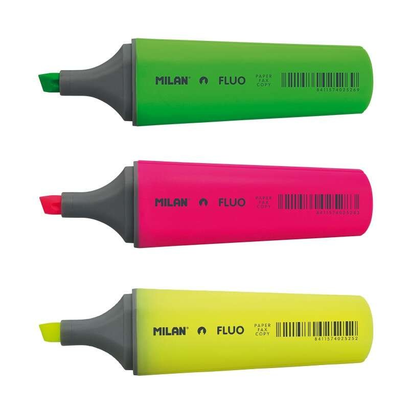 Milan Confezione da 3 pennarelli fluorescenti - Punta a scalpello 1 - 4.8 mm - Colori assortiti