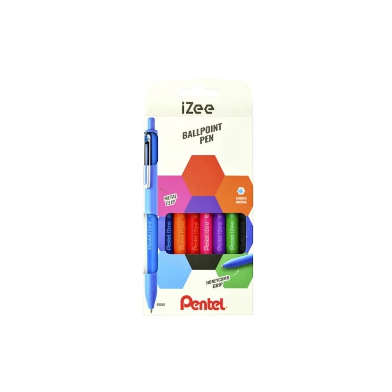 Pentel iZee Confezione da 8 penne a sfera retrattili - Punta da 0.7 mm - Linea da 0.35 mm - Clip in metallo - Colori assortiti
