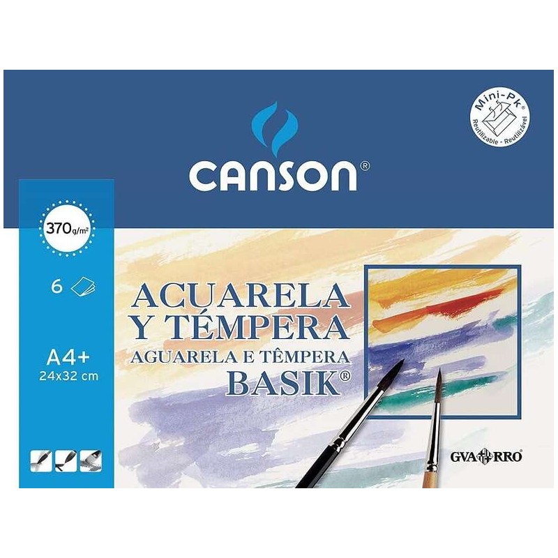 Canson Acquerello Basik Minipack da 6 fogli A4+ - 24x32 cm - 370 g - Colore Bianco