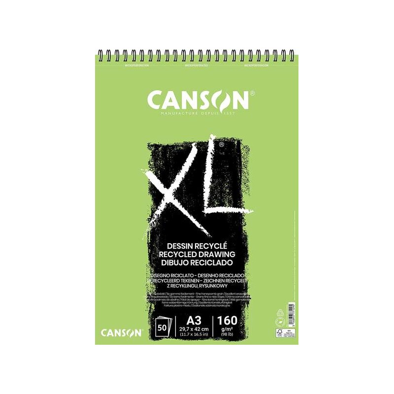 Blocco da Disegno Riciclato Canson XL con 50 Fogli A3 - Spirale Microperforata - Grana Fine - 160g - Colore Bianco