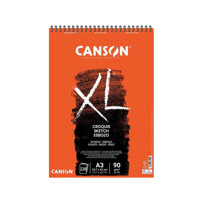 Blocco da disegno Canson XL con 120 fogli A3 - Spirale microperforata - 29.7x42 cm - 90 g - Colore avorio