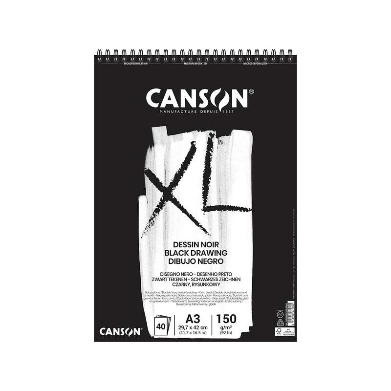 Canson XL Nero Blocco da 40 Fogli Neri 150g A3 - Grana Fine - Spirale Microperforata