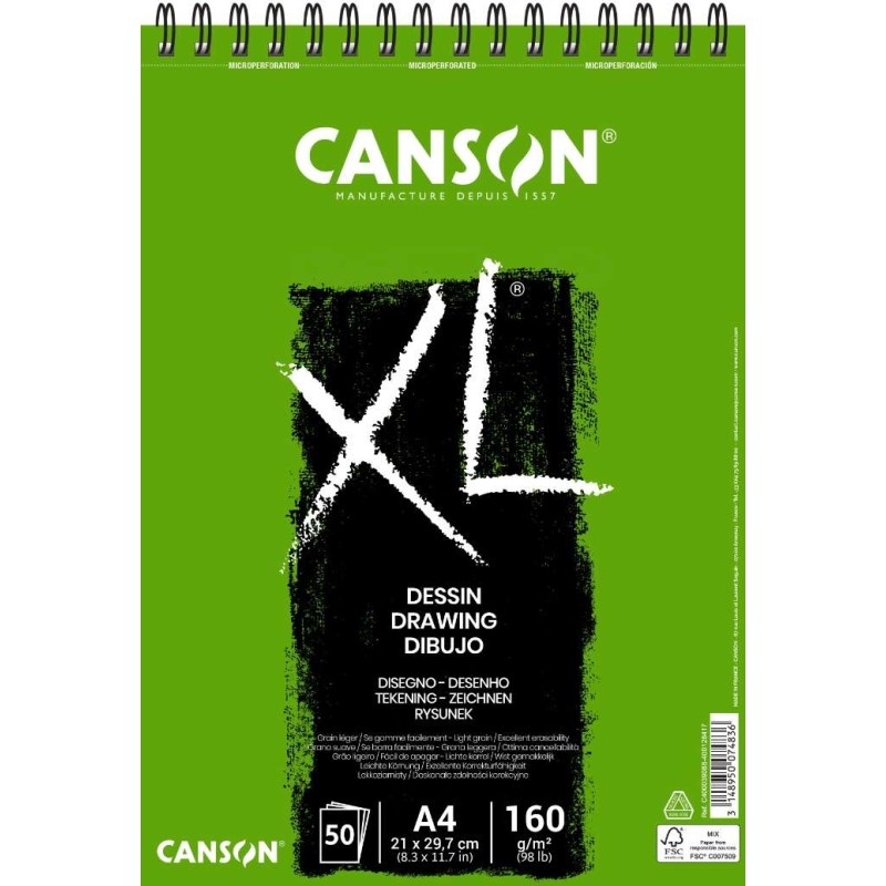 Blocco da disegno leggero Canson XL Dessin con 50 fogli A4 - Spirale microperforata - 21x29.7 cm - 160 g - Colore bianco