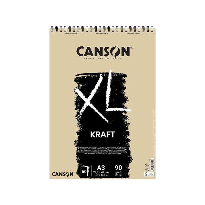 Blocco da disegno a righe Canson XL Kraft con 60 fogli A3 - Spirale microperforata - 29.7x42 cm - 90 g - Beige