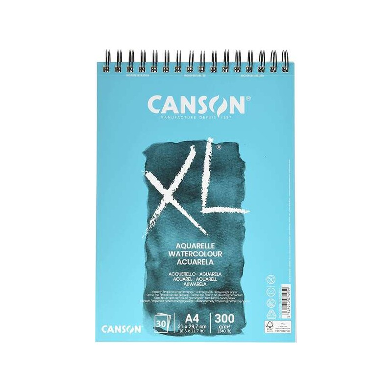 Canson XL Aquarelle Album Spirale Microperforato da 30 Fogli A4 - Grana Fine - 21x29.7 cm - 300 g - Colore Bianco