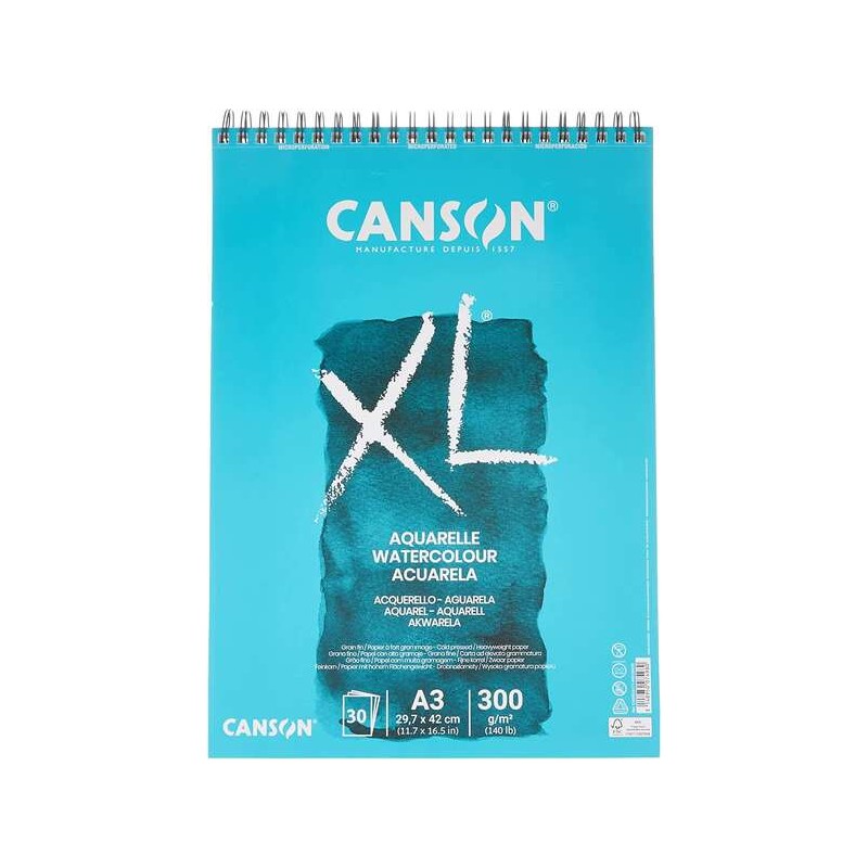 Canson XL Aquarelle Album Spirale Microperforato da 30 Fogli A3 - Grana Fine - 29.7x42 cm - 300 g - Colore Bianco