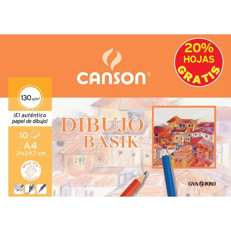 Canson Minipack da 10 fogli da disegno Basik lisci 21x29.7 130 g - 20% fogli gratuiti - Colore bianco