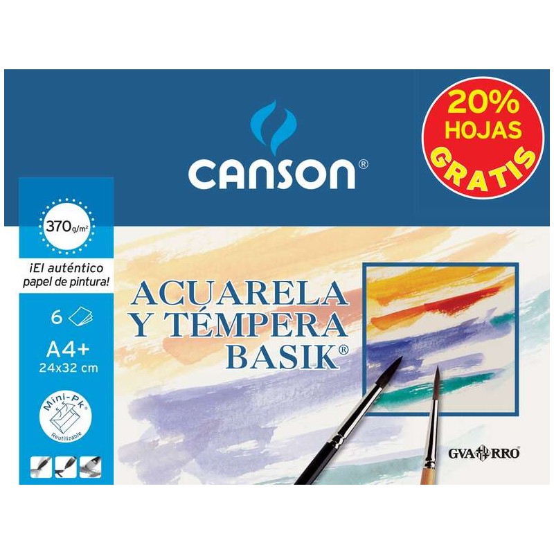 Canson Minipack da 6 fogli Acquerello Basik 24x32 370g - 20% Fogli Gratis - Colore Bianco