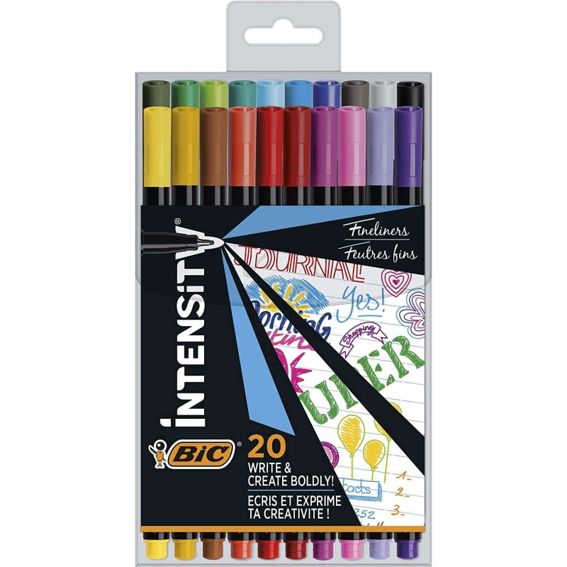 Confezione Fine da 20 Pennarelli Bic Intensity - Punta Fine da 0.8 mm - Linea da 0.4 mm - Inchiostro a Base Acqua - Colori Assor