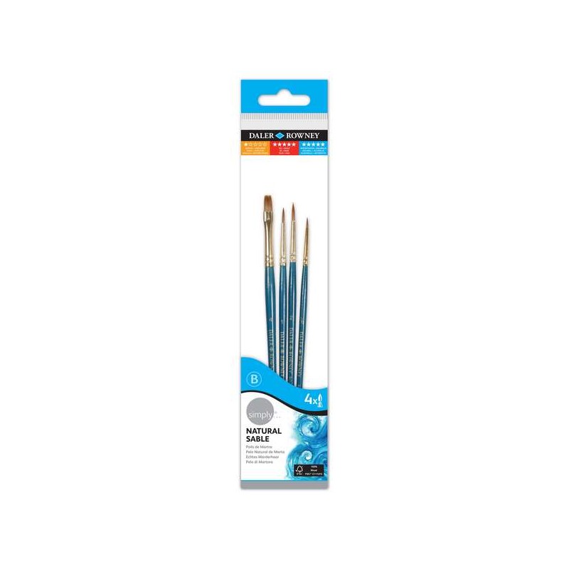 Daler Rowney Simply Confezione da 4 pennelli di zibellino - Design ergonomico - Colore blu