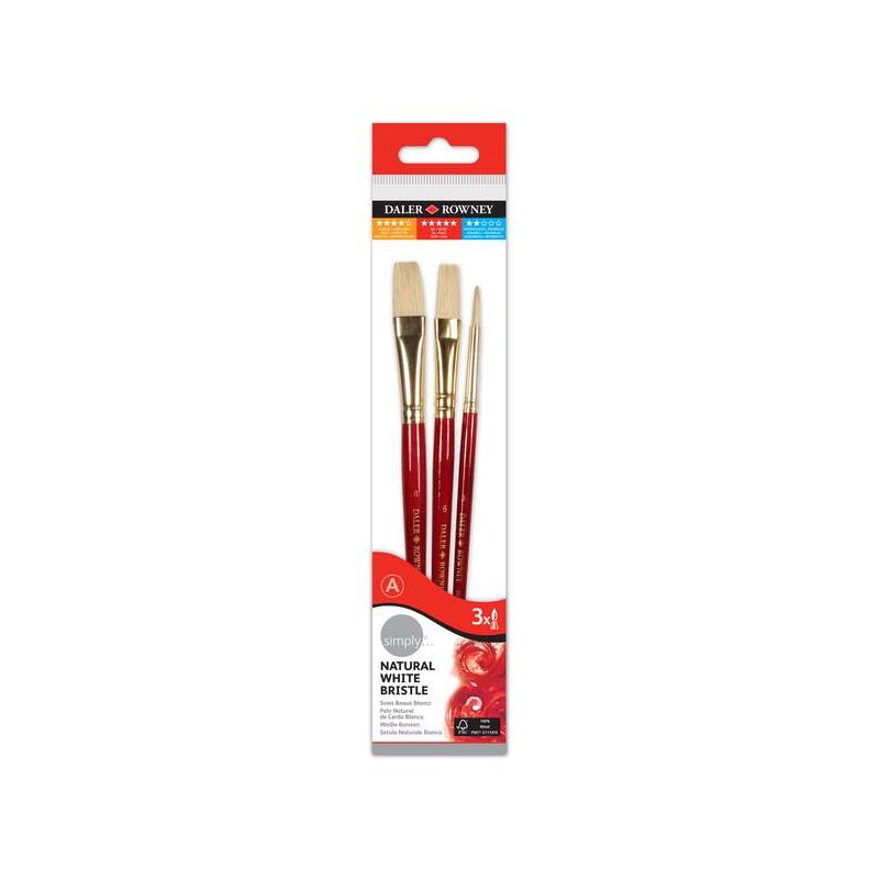 Daler Rowney Simply Confezione da 3 spazzole in pelo naturale T-2 - Setola bianca - Design ergonomico - Colore marrone