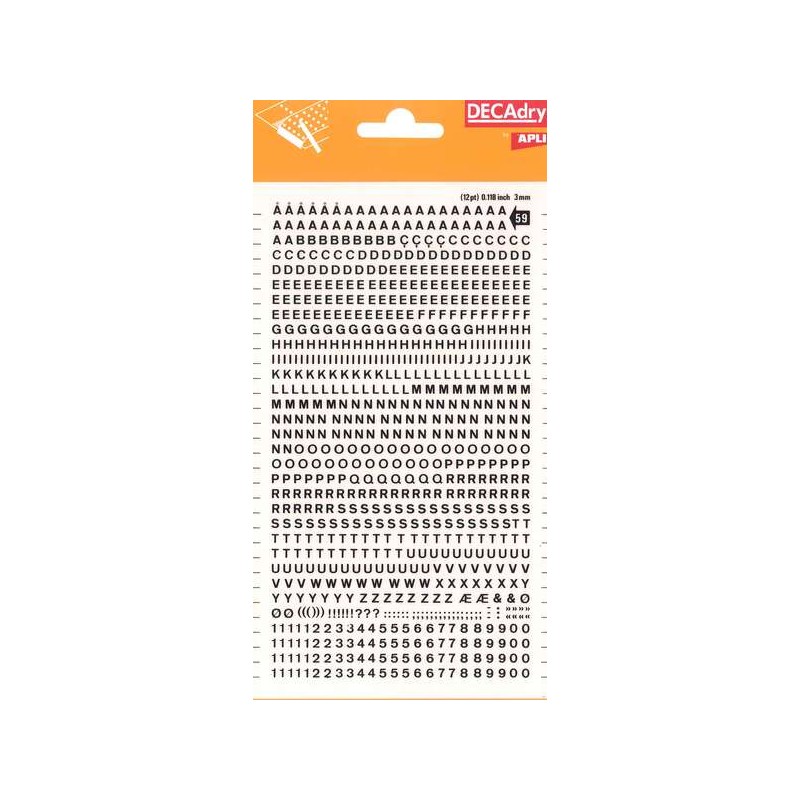 Lettere e numeri trasferibili Apli - Dimensione 3 mm - 795 caratteri - Facile applicazione e rimozione - Nero