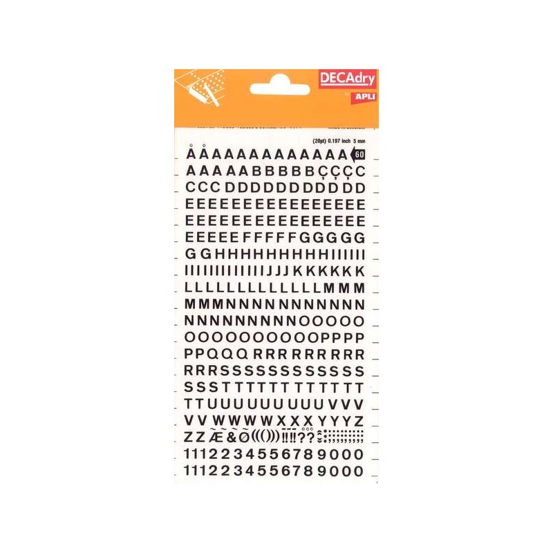 Lettere e numeri trasferibili Apli - 5 mm - 339 caratteri - Nero
