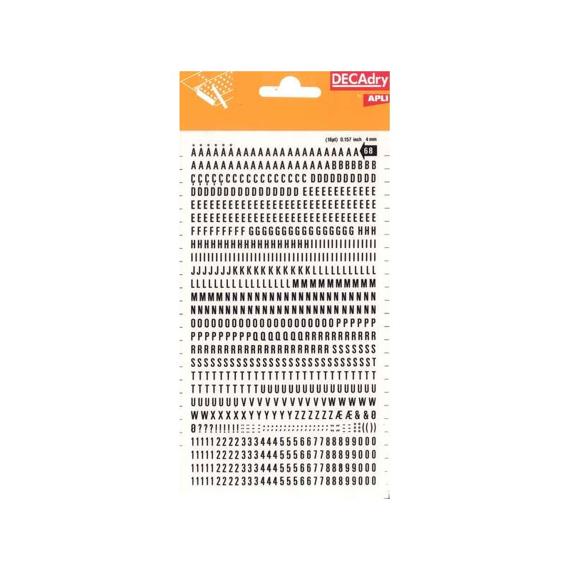 Lettere e numeri trasferibili Apli - Dimensioni 4 mm - 792 caratteri - Facile da applicare e rimuovere - Nero
