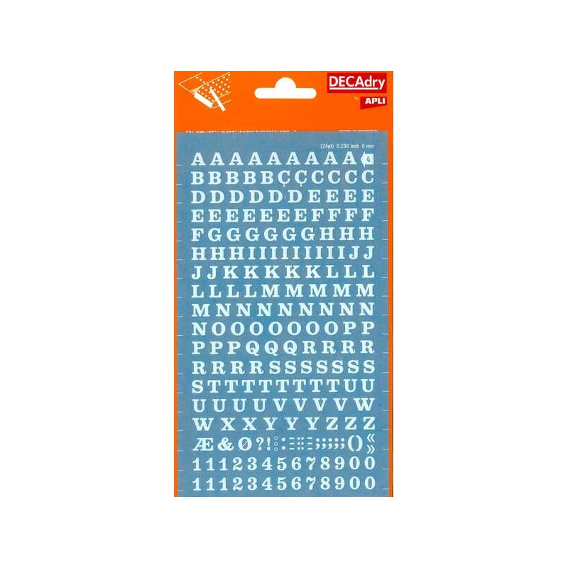 Lettere e numeri trasferibili Apli - 6 mm - Applicazione facile - 214 caratteri - Bianco