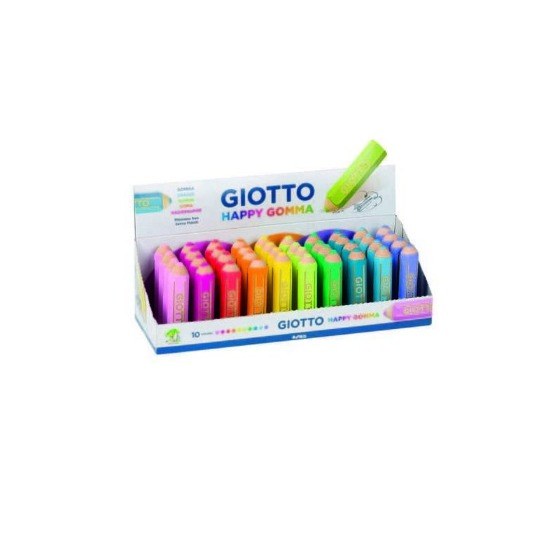 Giotto Happy Gomma Espositore da 40 Gomme - Forma Matita - Per Cancellare Grafite - 10 Colori Fluo