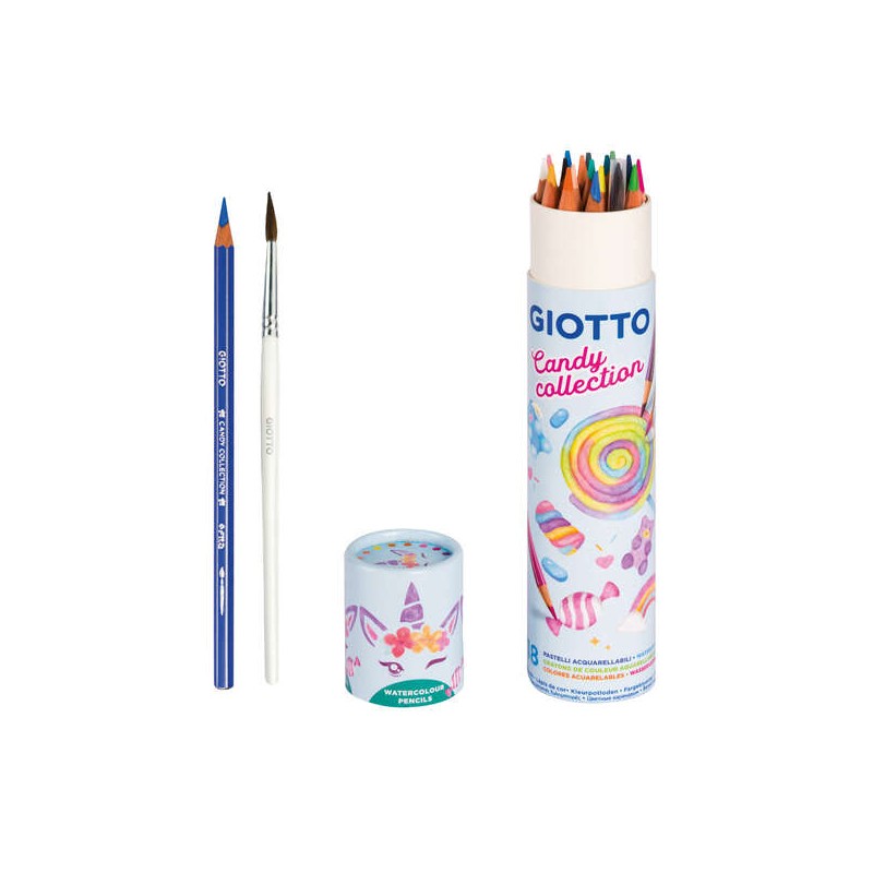 Giotto Candy Collezione Acquarell Barattolo da 18 Matite Acquerello Esagonali + Pennello - Colori Assortiti
