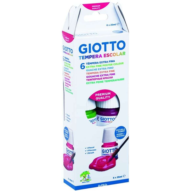Giotto Tempera Confezione da 6 Vasetti da 25 ml. + Pennello - A base acqua - Coprenza eccellente - Colori assortiti