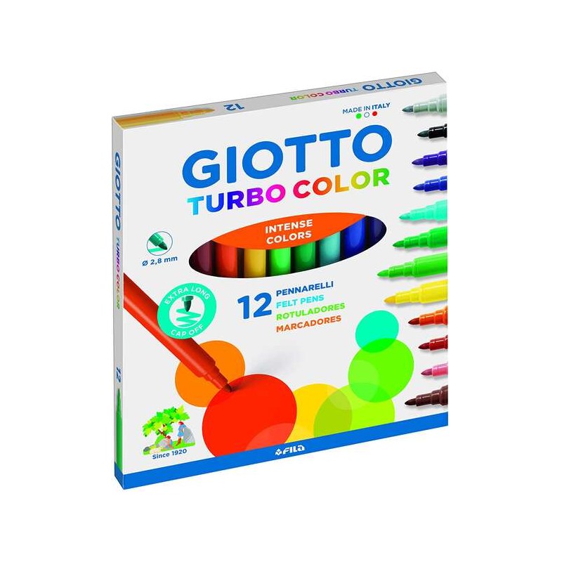 Giotto Turbo Color Confezione da 12 Pennarelli - Punta Fine 2.8 mm. - Inchiostro ad acqua - Lavabile - Colori assortiti