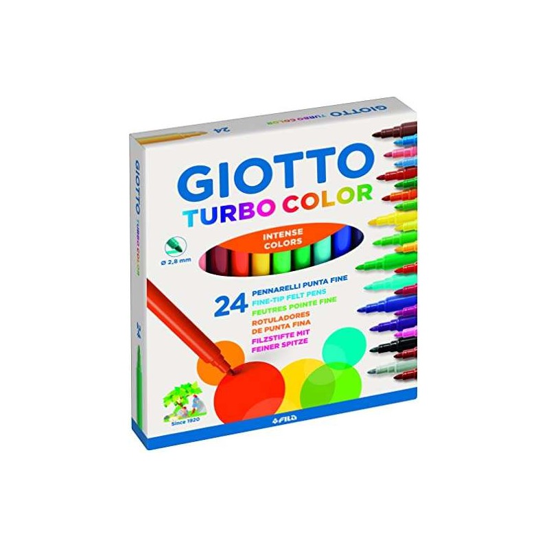 Giotto Turbo Color Confezione da 24 Pennarelli - Punta Fine 2.8 mm. - Inchiostro ad acqua - Lavabile - Colori assortiti