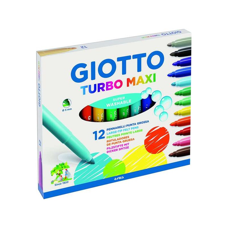 Giotto Turbo Maxi Confezione da 12 Pennarelli - Punta Spessore 5mm - Inchiostro ad Acqua - Lavabili - Colori Assortiti