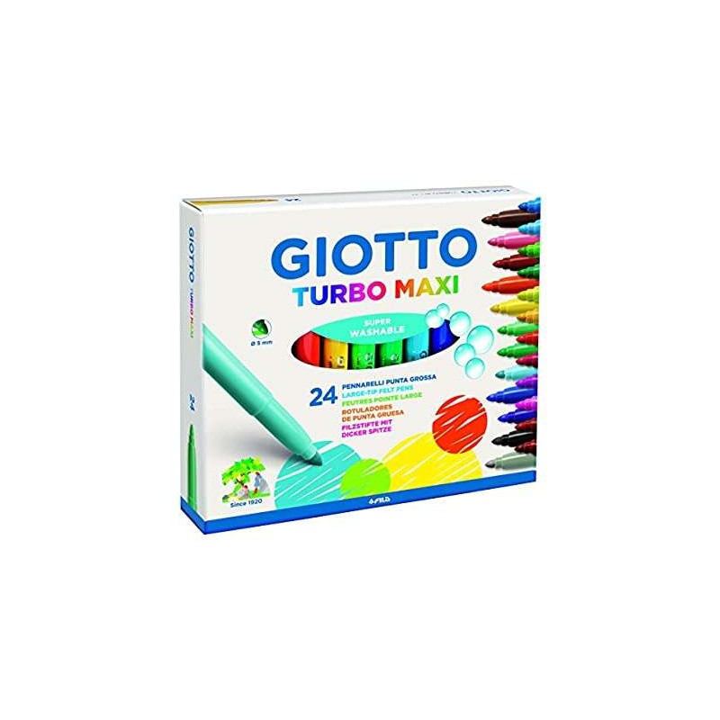 Giotto Turbo Maxi Confezione da 24 Pennarelli - Punta Spessore 5mm - Inchiostro ad Acqua - Lavabili - Colori Assortiti