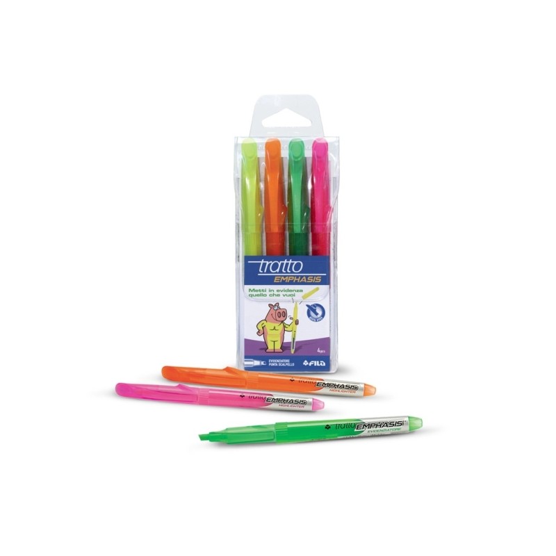 Tratto Emphasis Confezione da 4 Pennarelli Fluorescenti - Inchiostro a Base Acqua - Colori Assortiti