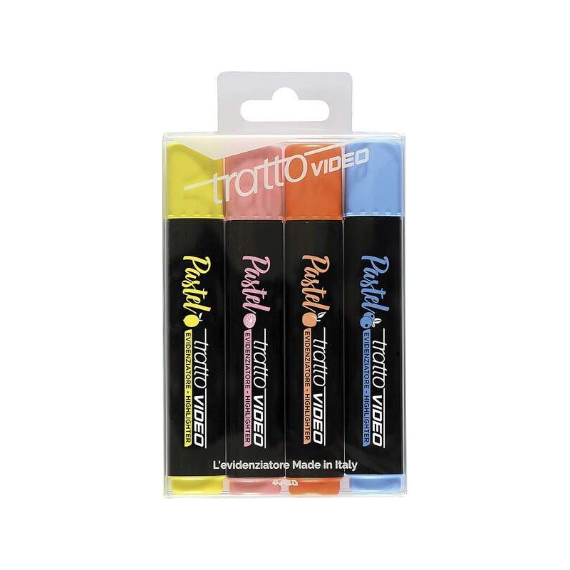 Tratto Video Pastel Confezione da 4 Pennarelli Fluorescenti - Punta a Scalpello - Inchiostro ad Acqua - Asciugatura Rapida - Col