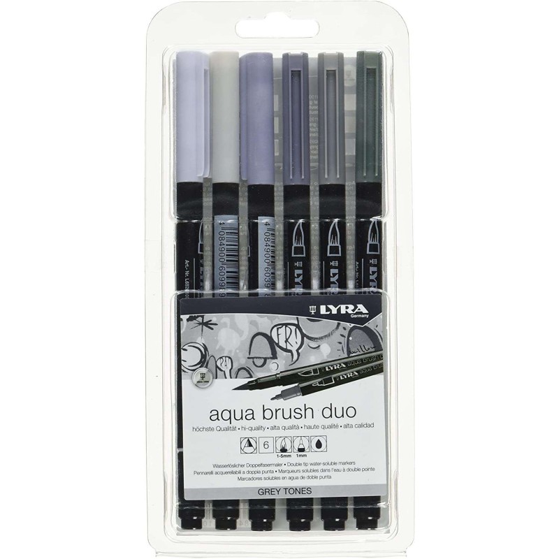 Lyra Aqua Brush Duo Pack 6 Pennarelli a Doppia Punta - Tratti 1-5 e 1 mm - Inchiostro a Base Acqua - Colori Toni di Grigio