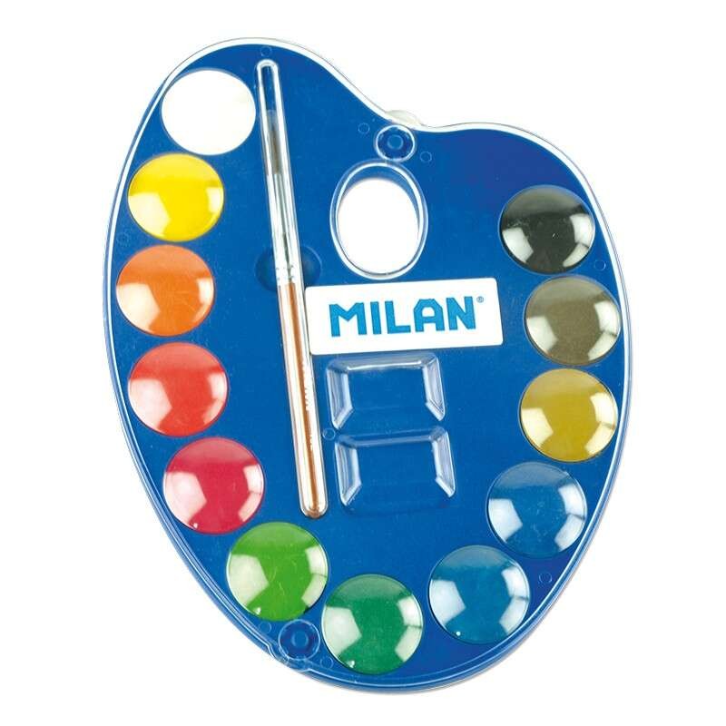 Milan 053412 Tavolozza da 12 Acquerelli Ø25 mm + Pennello Serie 101 - Miscelabili - Colori Assortiti