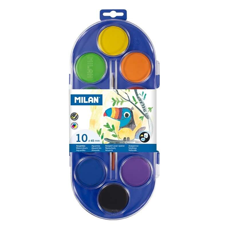 Milan 80009 Valigetta da 10 Acquerelli Ø45 mm + Pennello Serie 101 - Miscelabili - Colori Assortiti