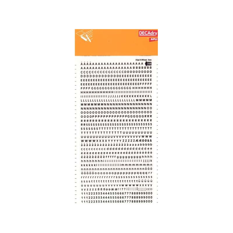 Lettere e numeri trasferibili Apli Super 3 mm 997 caratteri - Nero brillante