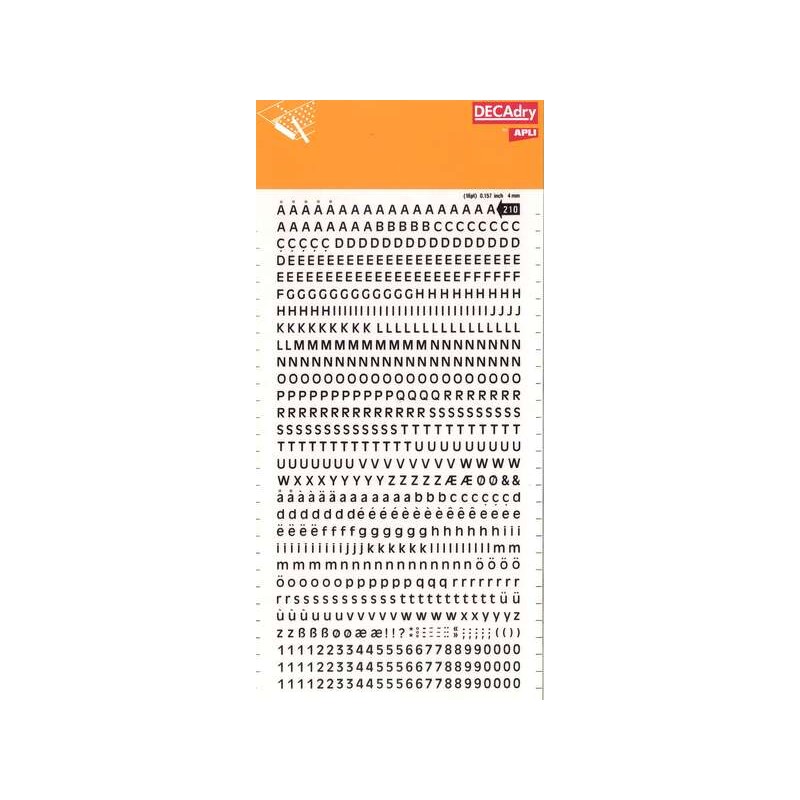 Lettere e numeri trasferibili Apli Super 4mm - 706 caratteri - Neri intensi