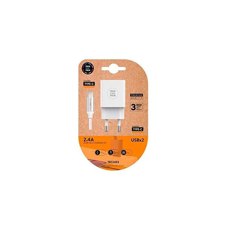 Caricatore a doppia parete TechOneTech + cavo da USB-A a USB-C da 1 m - rivestito in nylon intrecciato