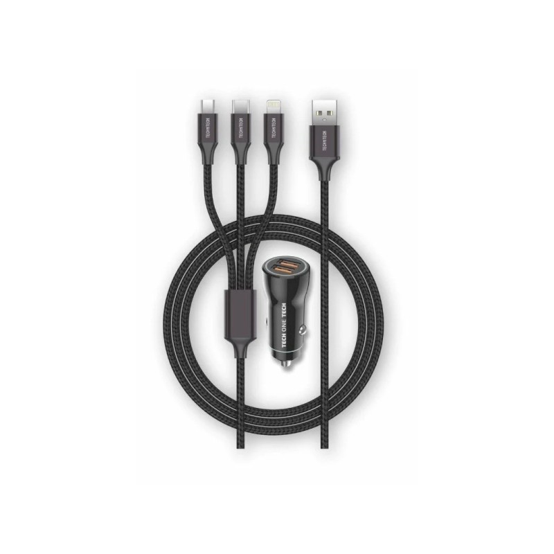 TechOneTech Caricabatteria da Auto 2x USB-A + Cavo MicroUSB 3 in 1. Lightning e USB-C - Nero