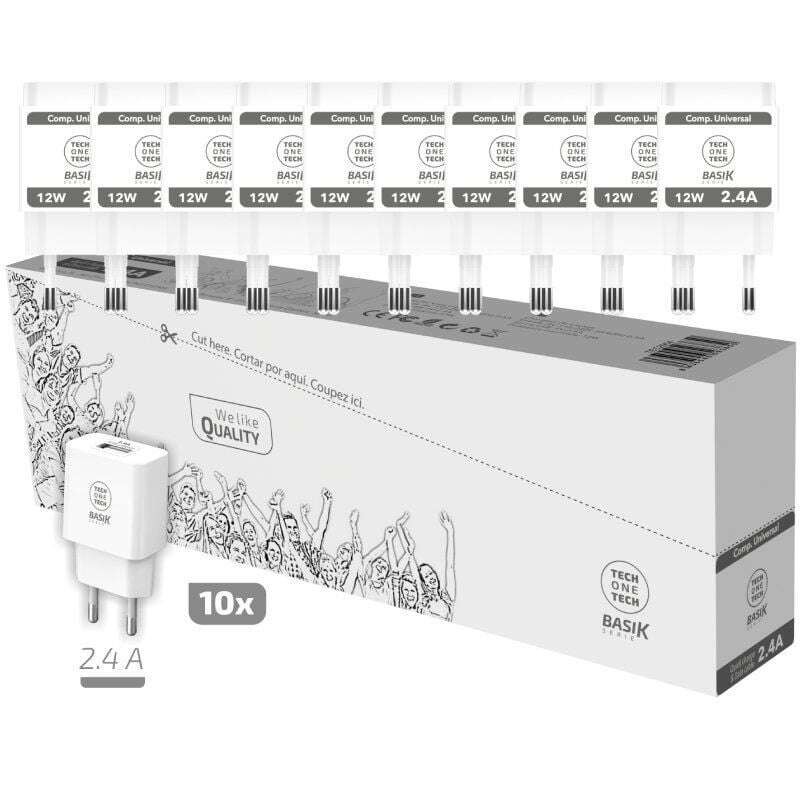 TechOneTech Basik Confezione da 10 Caricatori da Muro 1 Porta USB 12W