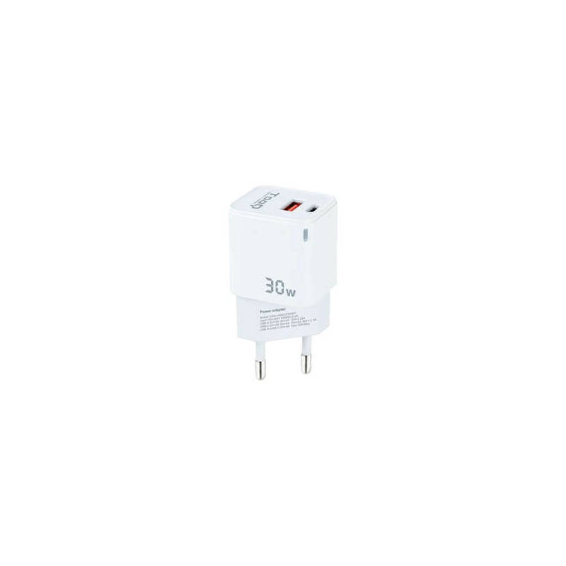 Caricatore da muro Tooq GaN USB-C/PD + USB-A/QC 30 W - Bianco