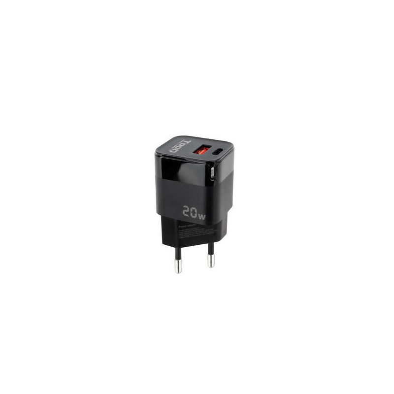 Caricatore da muro Tooq USB-C/PD + USB-A/QC 20W - Nero