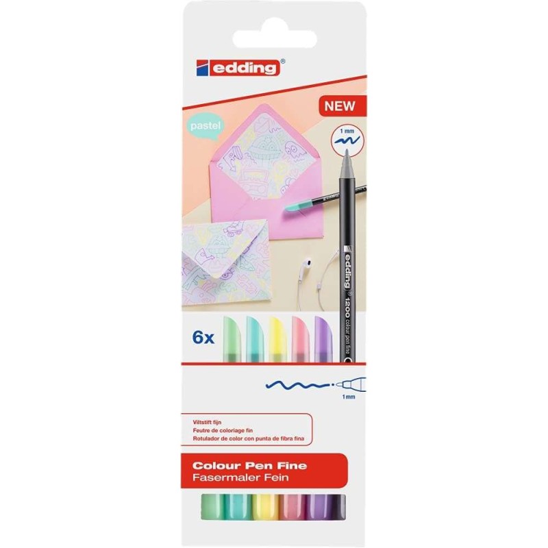 Edding 1200 Pastel Confezione da 6 pennarelli - Punta rotonda - Linea da 1 mm - Inchiostro a base d'acqua - Colori pastello asso