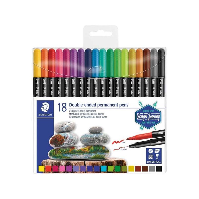 Staedtler 3187 Confezione da 18 pennarelli indelebili a doppia punta - Resistenti all'acqua - Asciugatura rapida - Colori assort