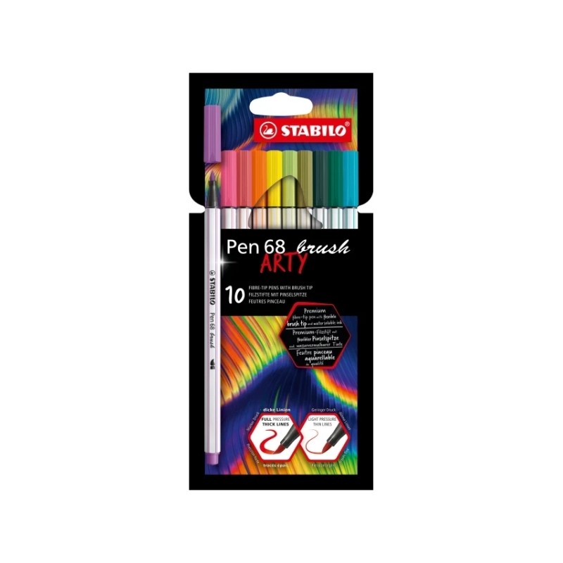 Stabilo Pen 68 Brush Arty Confezione da 10 pennarelli - Punta a pennello - Inchiostro a base d'acqua - Colori assortiti